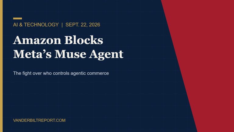 Graphic reading Amazon Blocks Meta’s Muse Agent, the fight over who controls agentic commerce, Vanderbiltreport.com