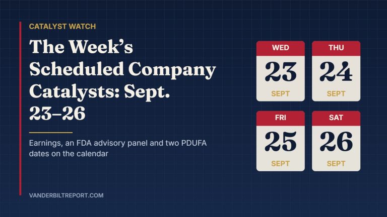 Catalyst Watch graphic with calendar tiles for September 23 through 26 beside the headline The Week’s Scheduled Company Catalysts