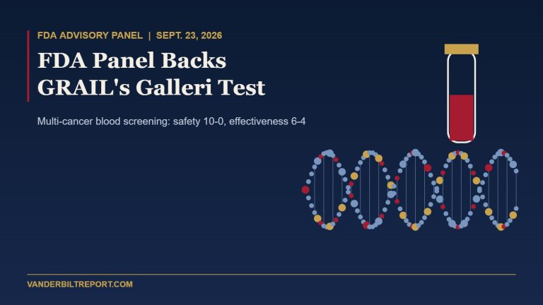 Illustration of a blood sample vial beside a DNA double helix with highlighted methylation markers, representing the Galleri multi-cancer early detection test
