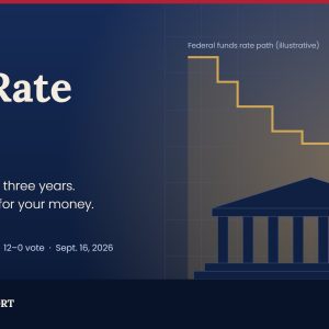 Fed rate hike graphic showing the federal funds rate stepping up to 3.75%–4.00% beside a columned central bank building