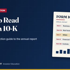 Illustration of a Form 10-K annual report page with a magnifying glass, highlighting key sections such as Risk Factors and MD&A