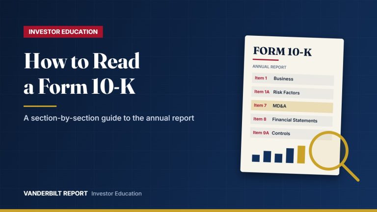 Illustration of a Form 10-K annual report page with a magnifying glass, highlighting key sections such as Risk Factors and MD&A