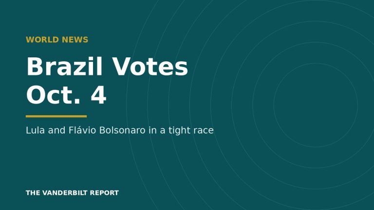 Deep teal graphic with white headline reading Brazil Votes Oct. 4 and a gold rule, labeled World News