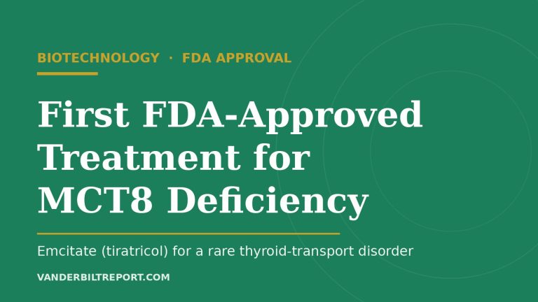 Emerald green graphic with white headline reading First FDA-Approved Treatment for MCT8 Deficiency and a gold rule