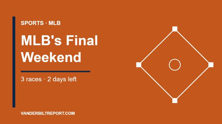 Burnt orange graphic with a white baseball diamond outline and the headline "MLB's Final Weekend: 3 races, 2 days left"