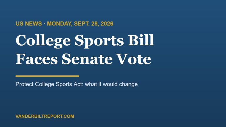 Steel blue graphic with gold rule reading "College Sports Bill Faces Senate Vote" — Protect College Sports Act coverage, Sept. 28, 2026