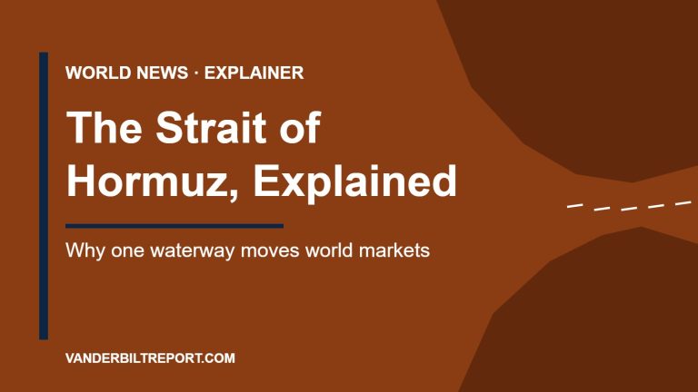 Rust-colored graphic showing an abstract narrow sea channel between two landmasses with the headline "The Strait of Hormuz, Explained"