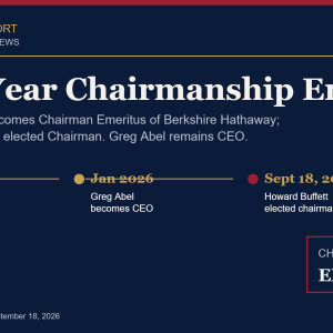 Berkshire Hathaway leadership transition graphic marking Warren Buffett's move to chairman emeritus and Howard Buffett's election as chairman, September 18, 2026