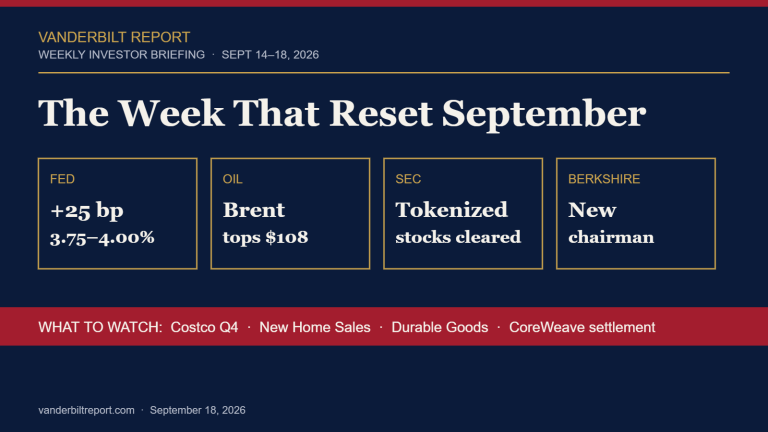 Vanderbilt Report weekly investor briefing graphic for September 14–18, 2026 highlighting the Fed rate hike, oil above $108, SEC tokenized-stock exemption, and Berkshire Hathaway leadership change