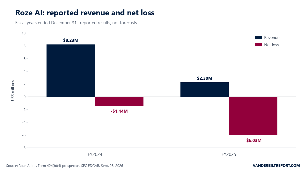 Bar chart of Roze AI revenue of $8.23 million in FY2024 and $2.30 million in FY2025, and net losses of $1.44 million and $6.03 million