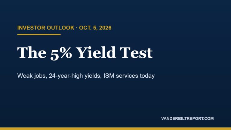 Navy blue graphic with gold rule reading "The 5% Yield Test" — Investor Outlook for October 5, 2026 on the 10-year Treasury yield and ISM services