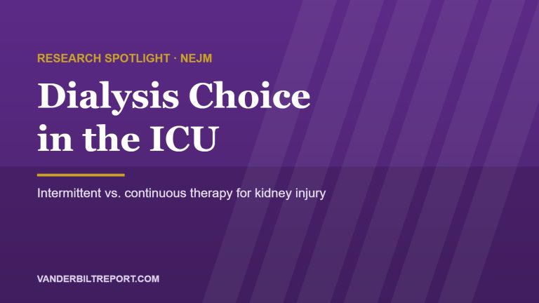 Royal purple featured image with white headline 'Dialysis Choice in the ICU' and a gold rule, for a story on the NEJM ICRAKI acute kidney injury dialysis trial