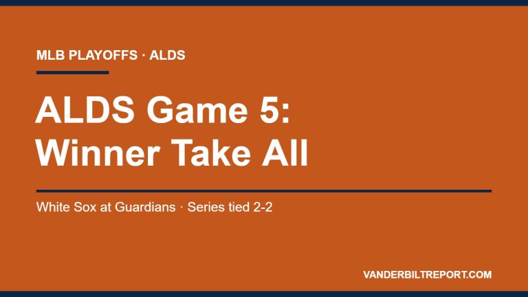 Burnt orange graphic reading ALDS Game 5: Winner Take All, White Sox at Guardians, series tied 2-2