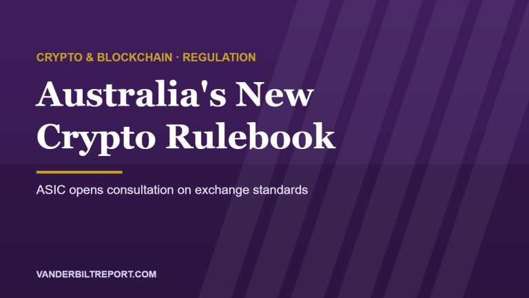 Plum featured image with white headline 'Australia's New Crypto Rulebook' and a gold rule, for a story on ASIC's crypto exchange consultation