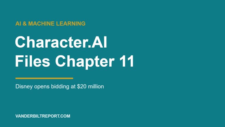 Electric teal graphic with white headline reading "Character.AI Files Chapter 11" and subhead "Disney opens bidding at $20 million"