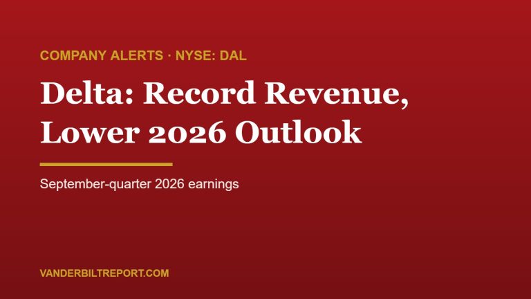 Crimson Vanderbilt Report graphic reading Delta: Record Revenue, Lower 2026 Outlook — September-quarter 2026 earnings