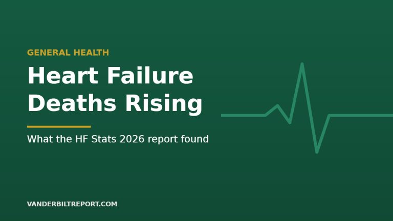 Forest green graphic with the headline "Heart Failure Deaths Rising" and a heartbeat line, for an article on the HF Stats 2026 heart failure statistics report