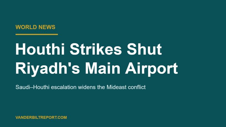 Deep teal featured graphic with white headline reading Houthi Strikes Shut Riyadh's Main Airport, with a gold rule and World News label