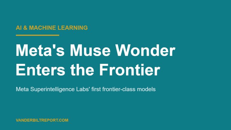 Electric teal featured graphic with white headline reading Meta's Muse Wonder Enters the Frontier, with a gold rule and AI & Machine Learning label