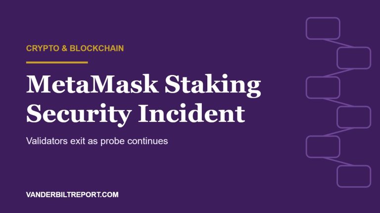 Plum graphic with white headline "MetaMask Staking Security Incident" above a gold rule and abstract linked-block motif