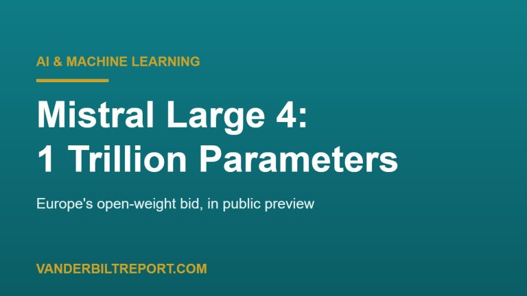 Electric teal graphic with white headline reading Mistral Large 4: 1 Trillion Parameters and a gold rule