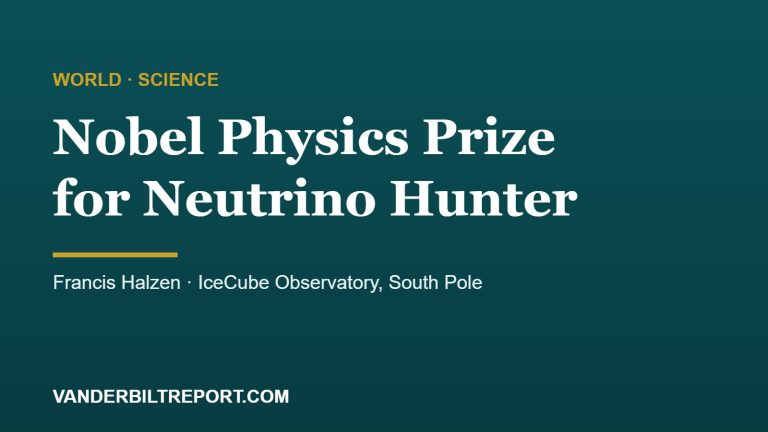 Deep teal graphic with white headline 'Nobel Physics Prize for Neutrino Hunter' and a gold rule, subtitle Francis Halzen, IceCube Observatory, South Pole
