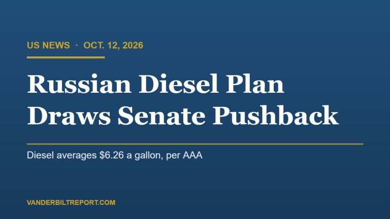 Steel blue graphic with gold rule reading "Russian Diesel Plan Draws Senate Pushback," noting diesel averages $6.26 a gallon per AAA
