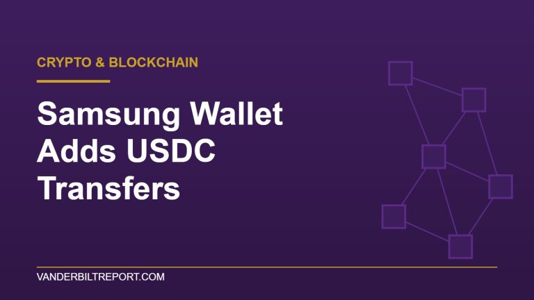 Plum graphic with the headline "Samsung Wallet Adds USDC Transfers" and an abstract network of connected blocks