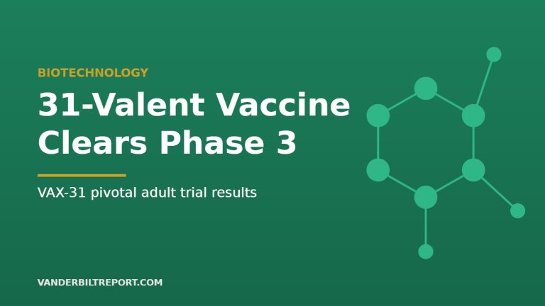 Emerald green graphic with the headline "31-Valent Vaccine Clears Phase 3" and an abstract molecule illustration, for an article on Vaxcyte VAX-31 Phase 3 results