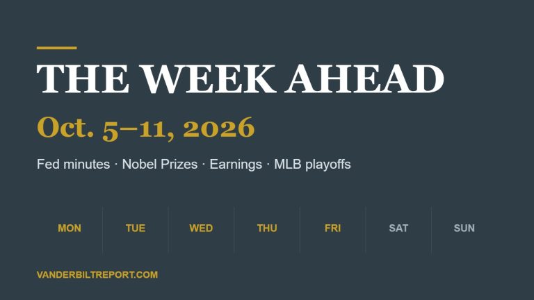 Charcoal graphic reading "The Week Ahead, Oct. 5–11, 2026" in white and gold, with a Monday-to-Sunday day strip