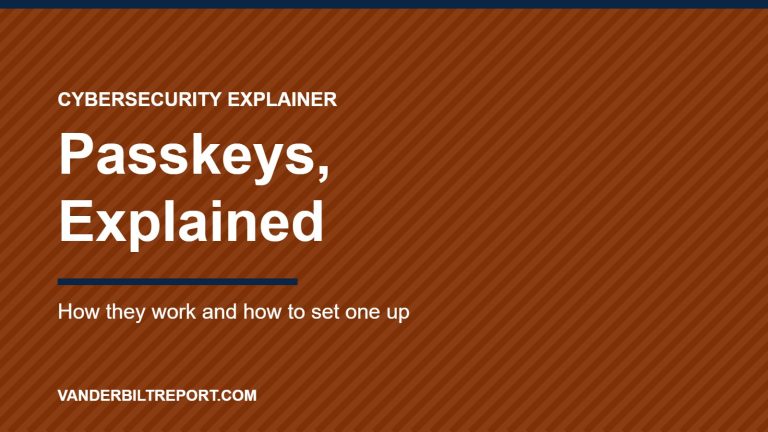 Rust-colored graphic with white headline reading "Passkeys, Explained" above a navy rule